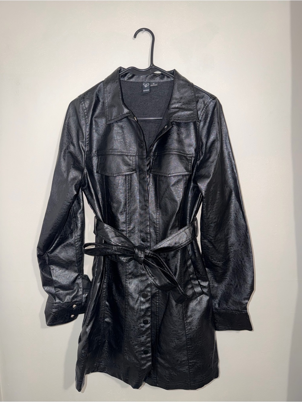 Windsor Black Faux Leather Belted Shirt Dress Size M